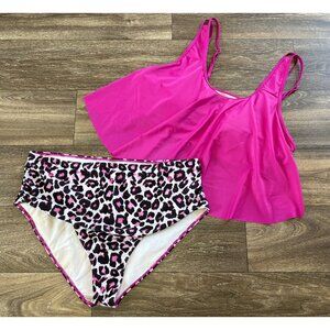 WOMENS PLUS SIZE SWIM SET 4XL BIKINI ANIMAL PRINT HIGH WAIST PINK RUFFLE CROPTOP